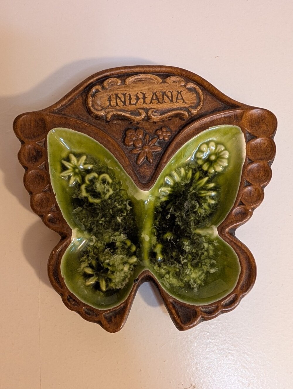 Vintage Indiana Butterfly Trinket Dish Green Drip Glaze Treasure Craft USA